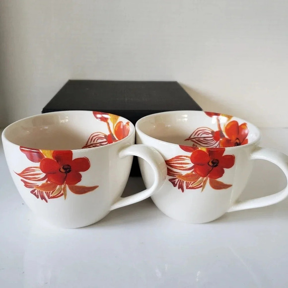 Starbucks 2008 set  of 2 White/Orange/Red Poppy Flower Ceramic Coffee Mugs. - Picture 2 of 9